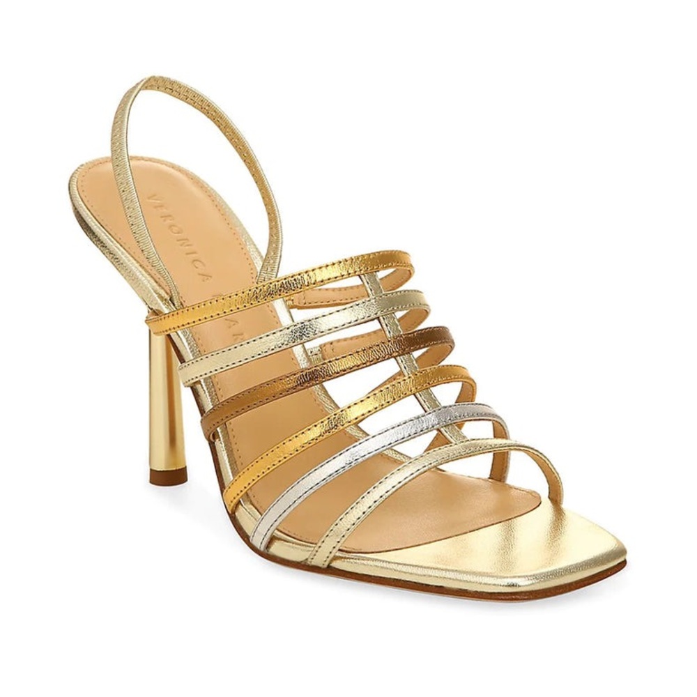 Veronica Beard Aldridge Silver and Gold Heels with Strappy Design